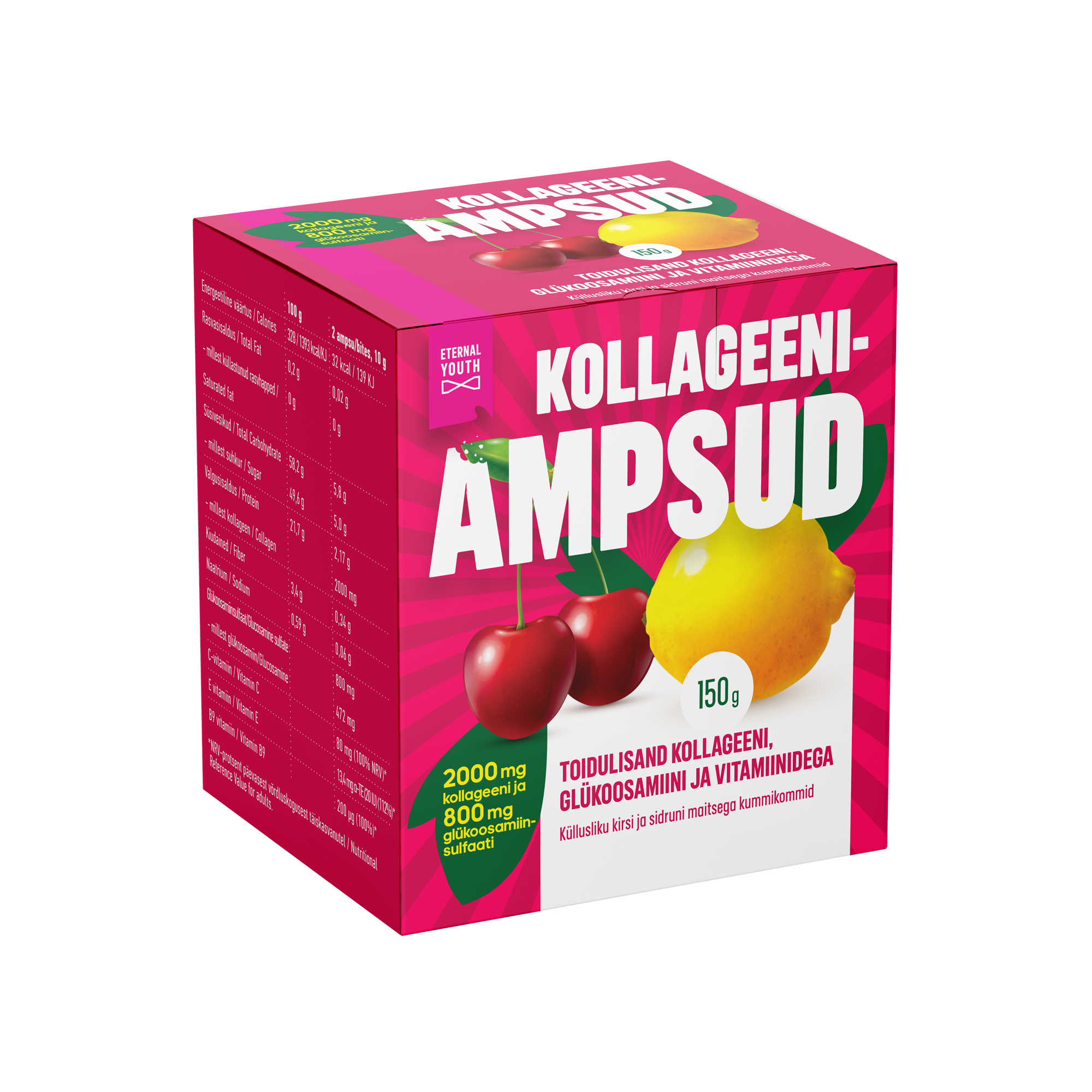 Eternal Youth Collagen Bites Delightfully Cherry And Lemon Flavoured Gummies, Glukosamiinisuihkeet kollageenilla ja vitamiineilla