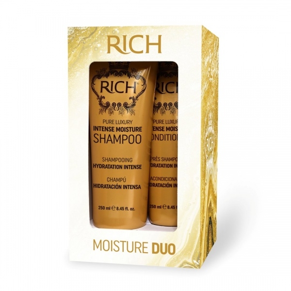Rich Pure Luxury Moisture Duo Tehokkaasti kosteuttava ja uudistava tuotepakkaus kuiville ja vaurioituneille hiuksille